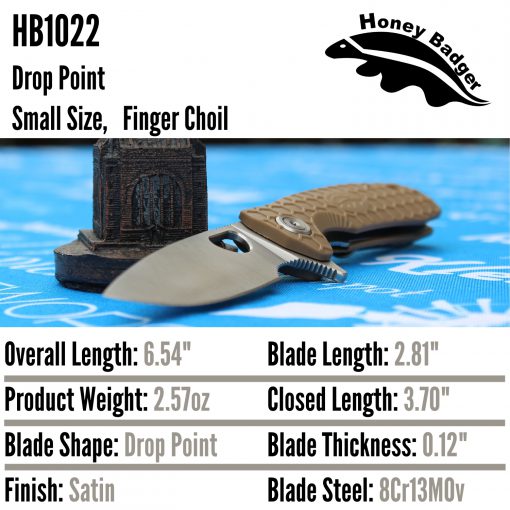 HB1022 Honey Badger Drop Point Flipper Small Tan 8Cr13MoV