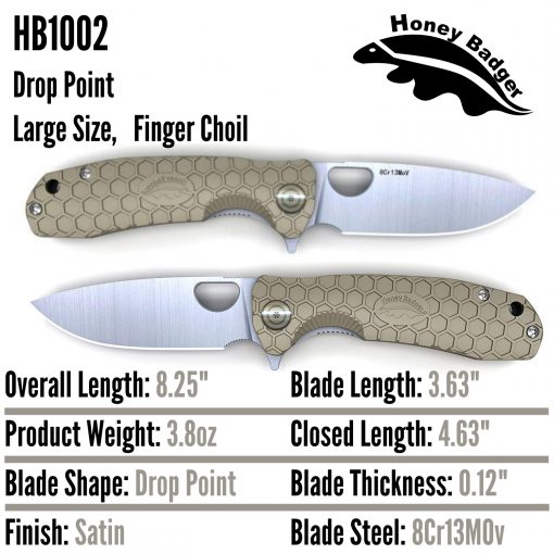 HB1002 Honey Badger Drop Point Flipper Large Tan 8Cr13MoV