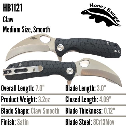 Claw Smooth  Medium Black 8Cr13MoV (HB1121) Honey Badger Knives Pocket Knives