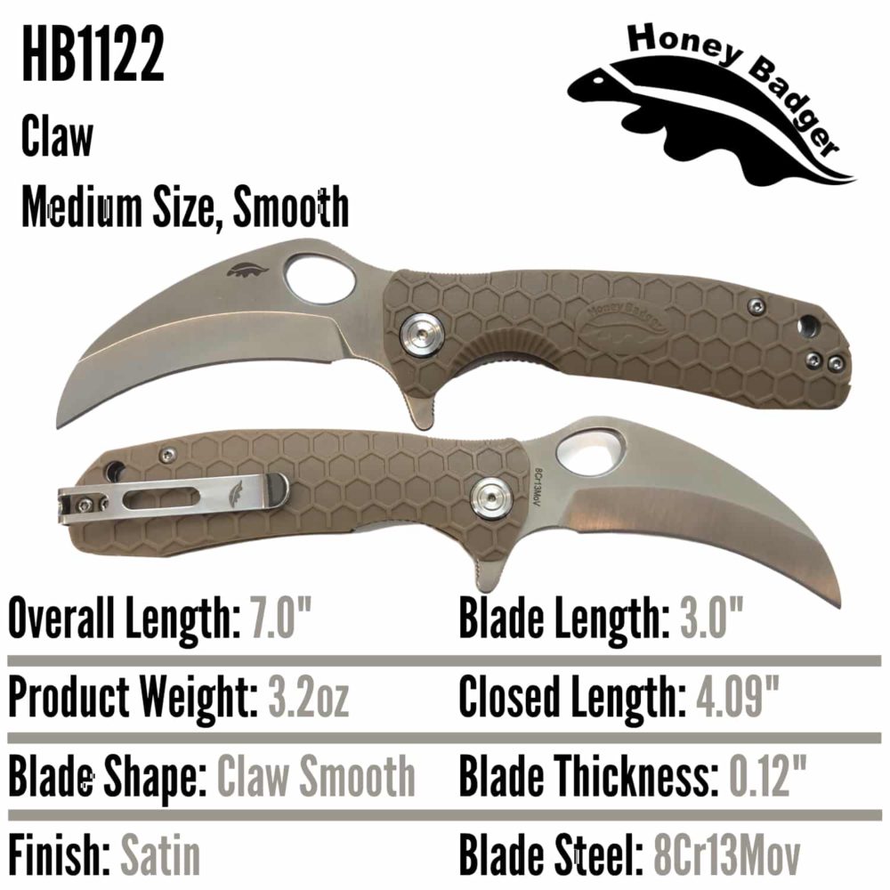 Claw Smooth  Medium Tan 8Cr13MoV (HB1122) Honey Badger Knives Pocket Knives