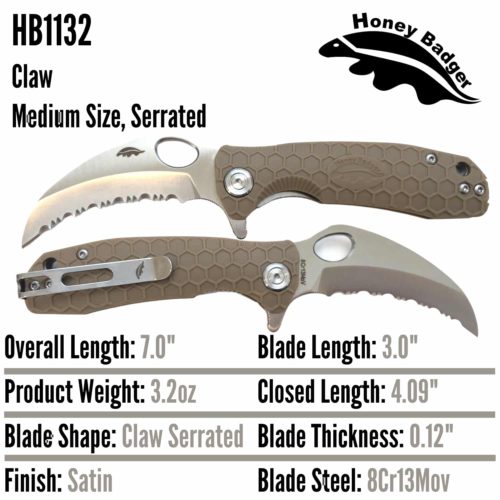 Claw Serrated  Medium Tan 8Cr13MoV (HB1132 ) Honey Badger Knives Pocket Knives