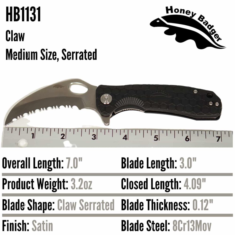 Claw Serrated  Medium Black 8Cr13MoV (HB1131) Honey Badger Knives Pocket Knives