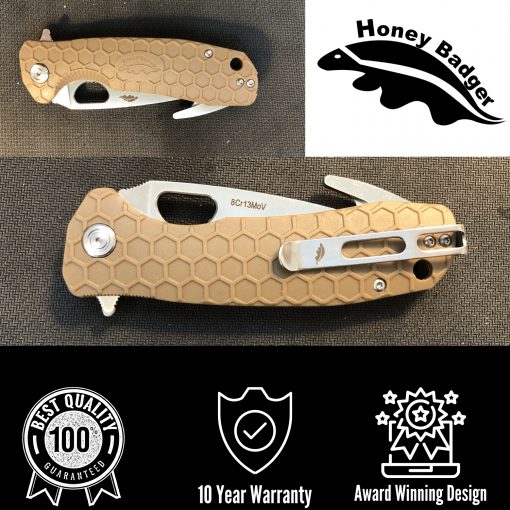 HB1252 Honey Badger Hook Flipper Large Tan 8Cr13MoV