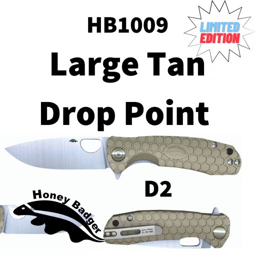 HB1009 Honey Badger D2 Drop Point Flipper Large Tan