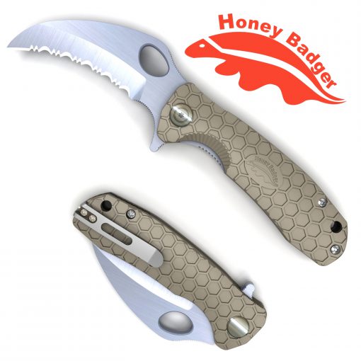 HB1152 Honey Badger Claw Flipper Small Tan Serrated 8Cr13MoV
