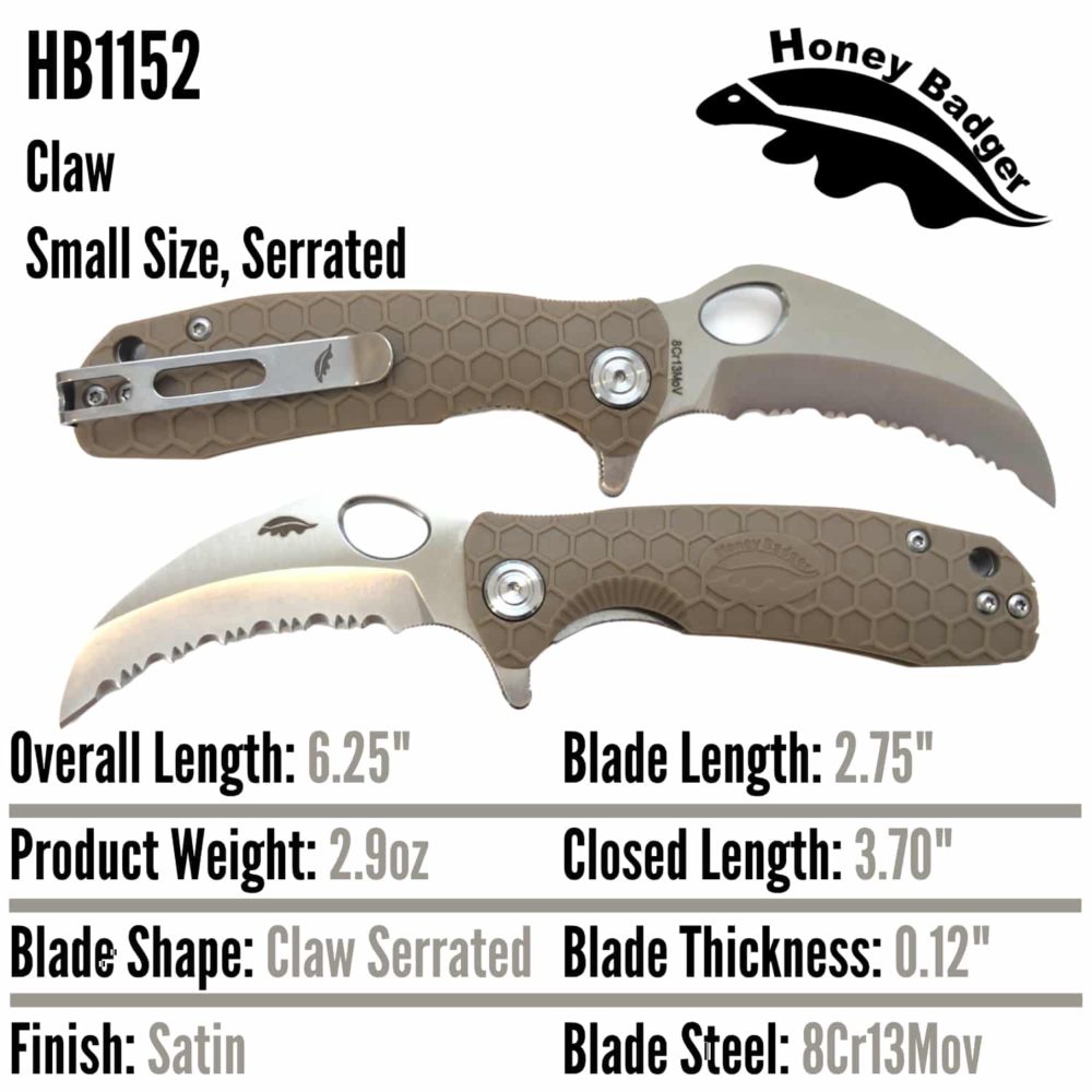 Claw  Small Tan Serrated 8Cr13MoV (HB1152) Honey Badger Knives Pocket Knives