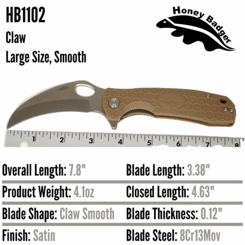 Claw Smooth Large Tan 8Cr13MoV (HB1102) Honey Badger Knives Pocket Knives