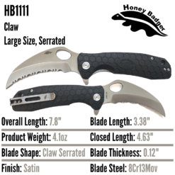 HB1111 Honey Badger Claw Flipper Large Black Serrated 8Cr13MoV