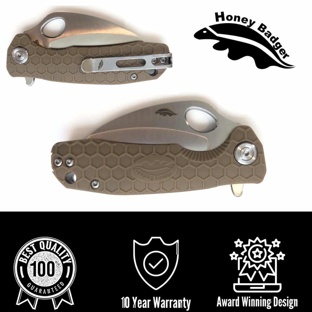 Claw Smooth Small Tan Plain 8Cr13MoV (HB1142) Honey Badger Knives Pocket Knives