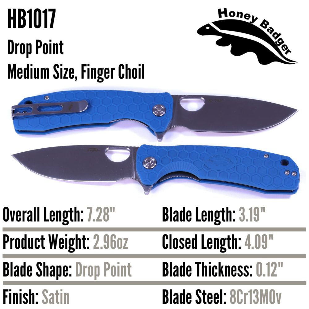 Drop Point Flipper Medium Blue 8Cr13MoV (HB1017) Honey Badger Knives Pocket Knives