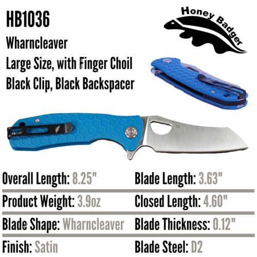 Wharncleaver Large Blue D2 Steel (HB1036) Honey Badger Knives Pocket Knives