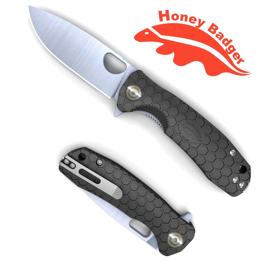 Drop Point Flipper Medium Black D2 No Choil (HB1016) Honey Badger Knives Pocket Knives