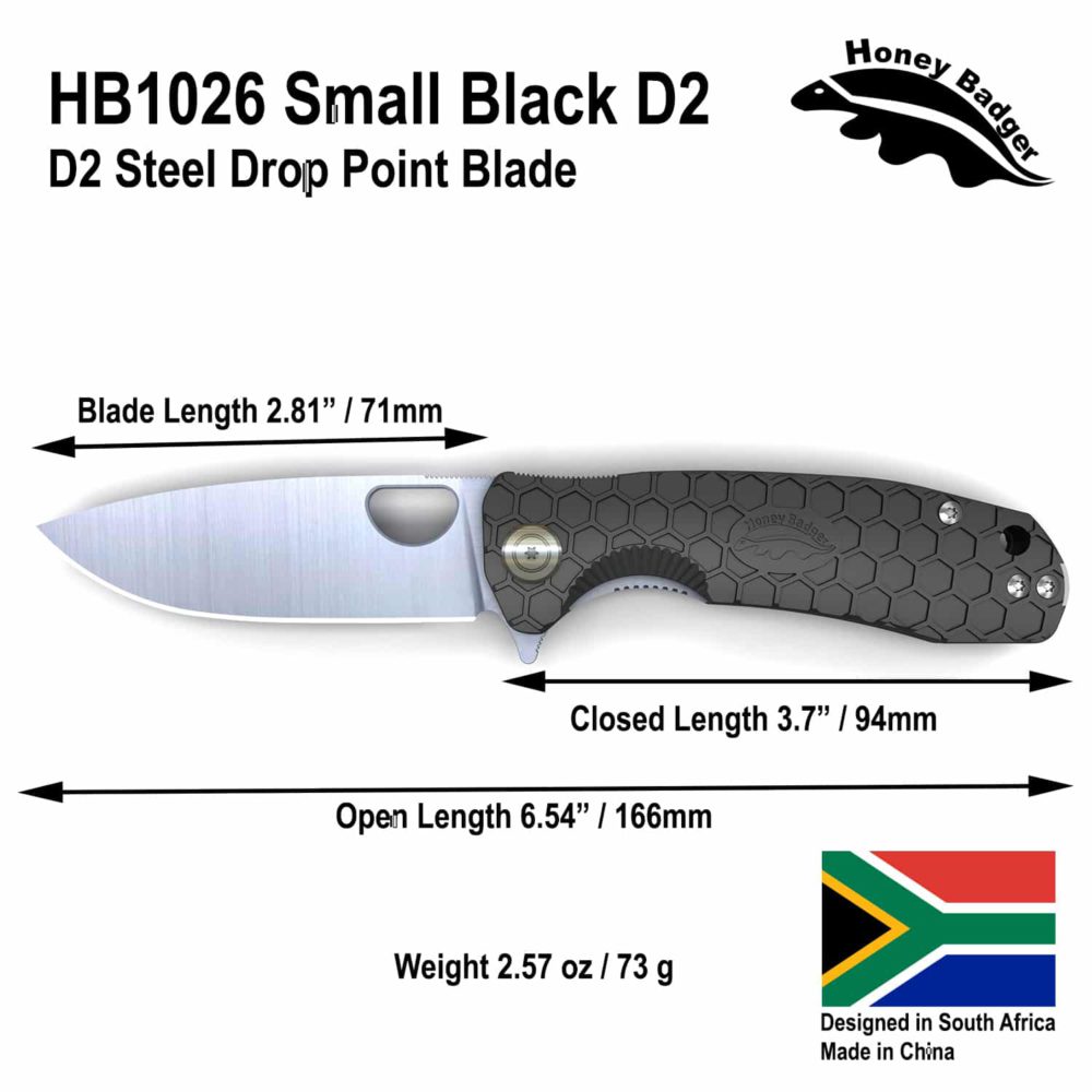 Drop Point Flipper Small Black No Choil D2 (HB1026) Honey Badger Knives Pocket Knives