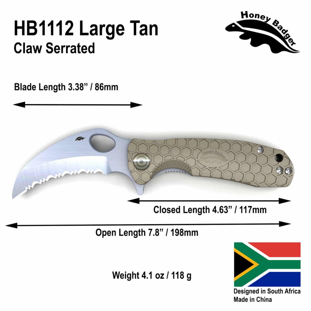 Claw Serrated Large Tan 8C13Mov (HB1112) Honey Badger Knives Pocket Knives