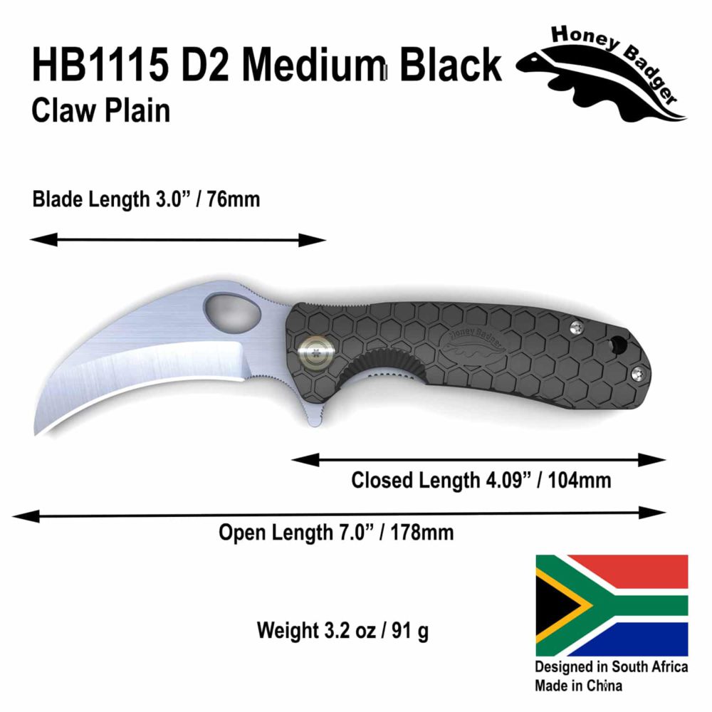Claw Smooth  Medium Black D2 (HB1115) Honey Badger Knives Pocket Knives