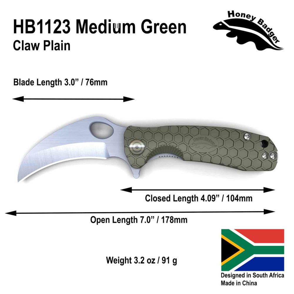 Claw Smooth  Medium 8Cr13MoV Green (HB1123) Honey Badger Knives Pocket Knives