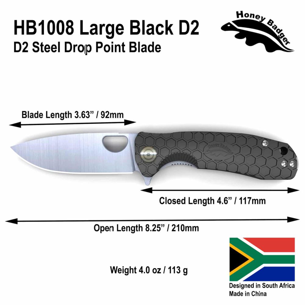 Drop Point Flipper Large Black D2 No Choil (HB1008) Honey Badger Knives Pocket Knives