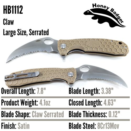 Claw Serrated Large Tan 8C13Mov (HB1112) Honey Badger Knives Pocket Knives