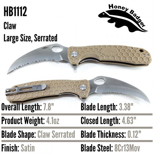 HB1112 Honey Badger Claw Flipper Large Tan Serrated 8C13Mov