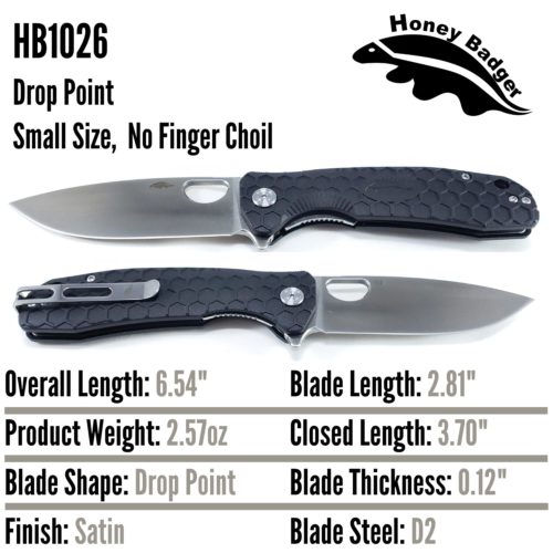 Drop Point Flipper Small Black No Choil D2 (HB1026) Honey Badger Knives Pocket Knives