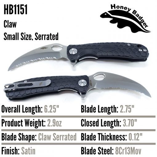 HB1151 Honey Badger Claw Flipper Small Black Serrated 8Cr13Mov