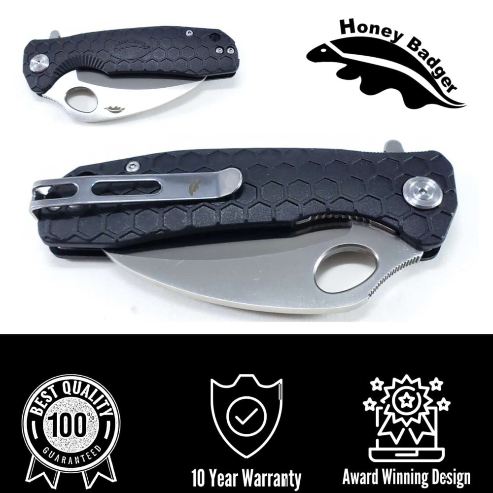 Claw Smooth  Medium Black D2 (HB1115) Honey Badger Knives Pocket Knives