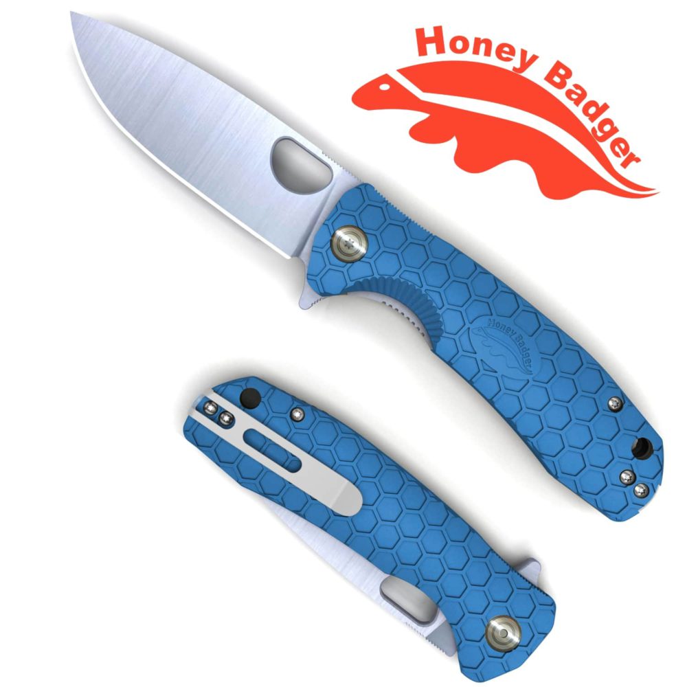 HB1058 Honey Badger Flipper Drop Point Medium Blue No Choil D2