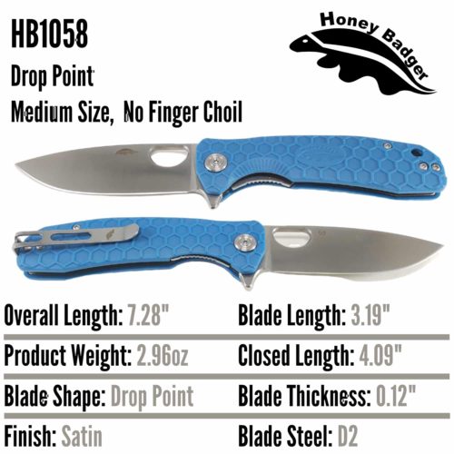 Drop Point Flipper Medium Blue D2 No Choil (HB1058) Honey Badger Knives Pocket Knives