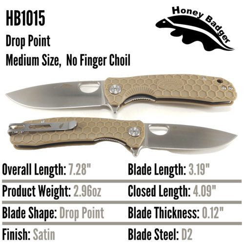 Drop Point Flipper Medium Tan No Choil D2 (HB1015) Honey Badger Knives Pocket Knives