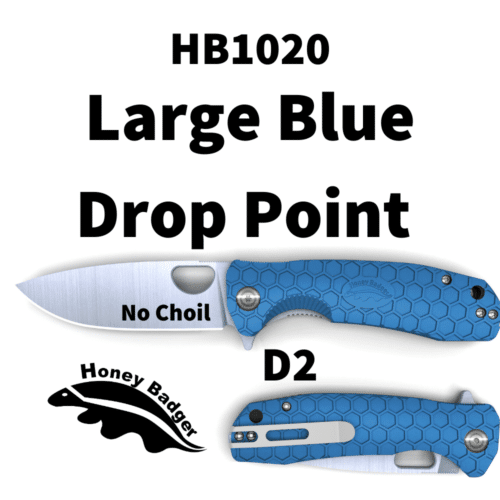 Drop Point Flipper Large Blue D2 No Choil (HB1020) Honey Badger Knives Pocket Knives