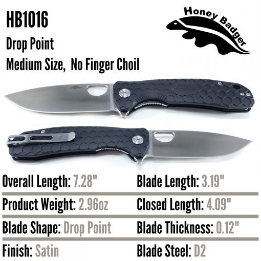 HB1016 Honey Badger D2 Flipper Medium Black No Choil