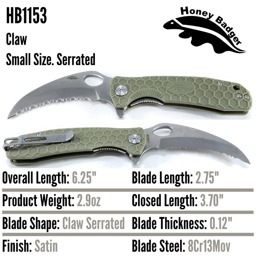 Claw  Small Green Serrated 8Cr13MoV (HB1153) Honey Badger Knives Pocket Knives