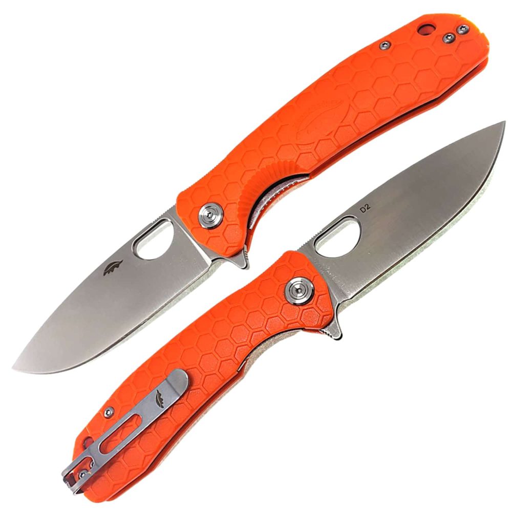 Drop Point Flipper Medium Orange No Choil D2 (HB1060) Honey Badger Knives Pocket Knives