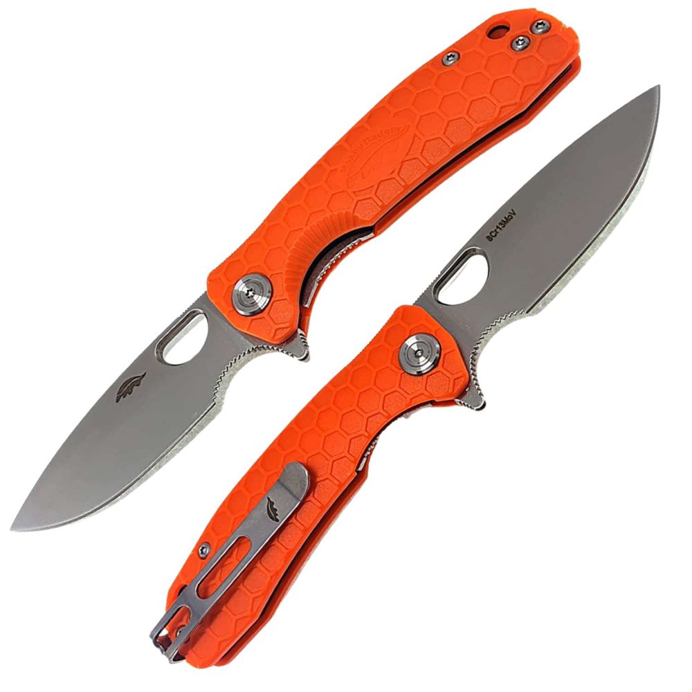 Drop Point Flipper Large Orange D2 No Choil (HB1044) Honey Badger Knives Pocket Knives