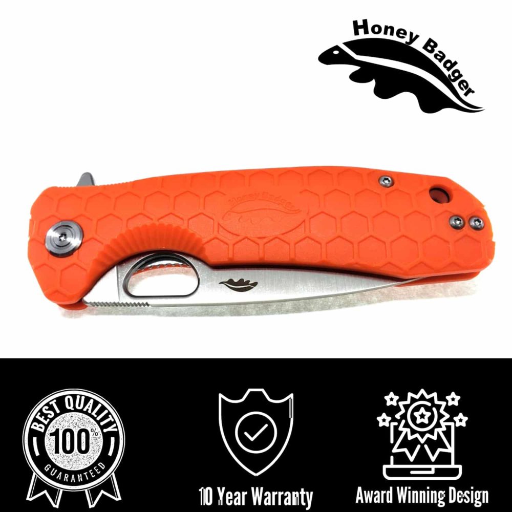 Drop Point Flipper Large Orange D2 No Choil (HB1044) Honey Badger Knives Pocket Knives