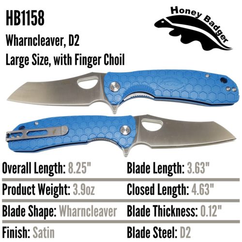 Wharncleaver Large Blue D2 Steel (Silver Clip, Blue Backspacer) (HB1158) Honey Badger Knives Pocket Knives