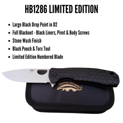 Limited Edition Drop Point Large Black D2 No Choil (HB1286) Honey Badger Knives Pocket Knives