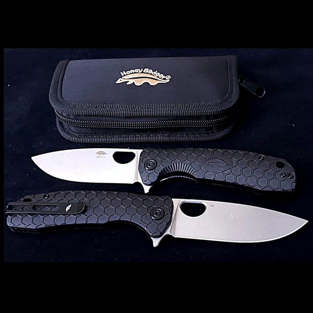 Limited Edition Drop Point Large Black D2 No Choil (HB1286) Honey Badger Knives Pocket Knives