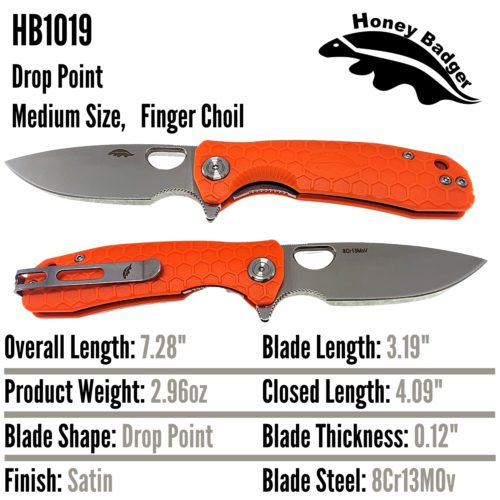 Drop Point Flipper Medium Orange 8Cr13MoV (HB1019) Honey Badger Knives Pocket Knives