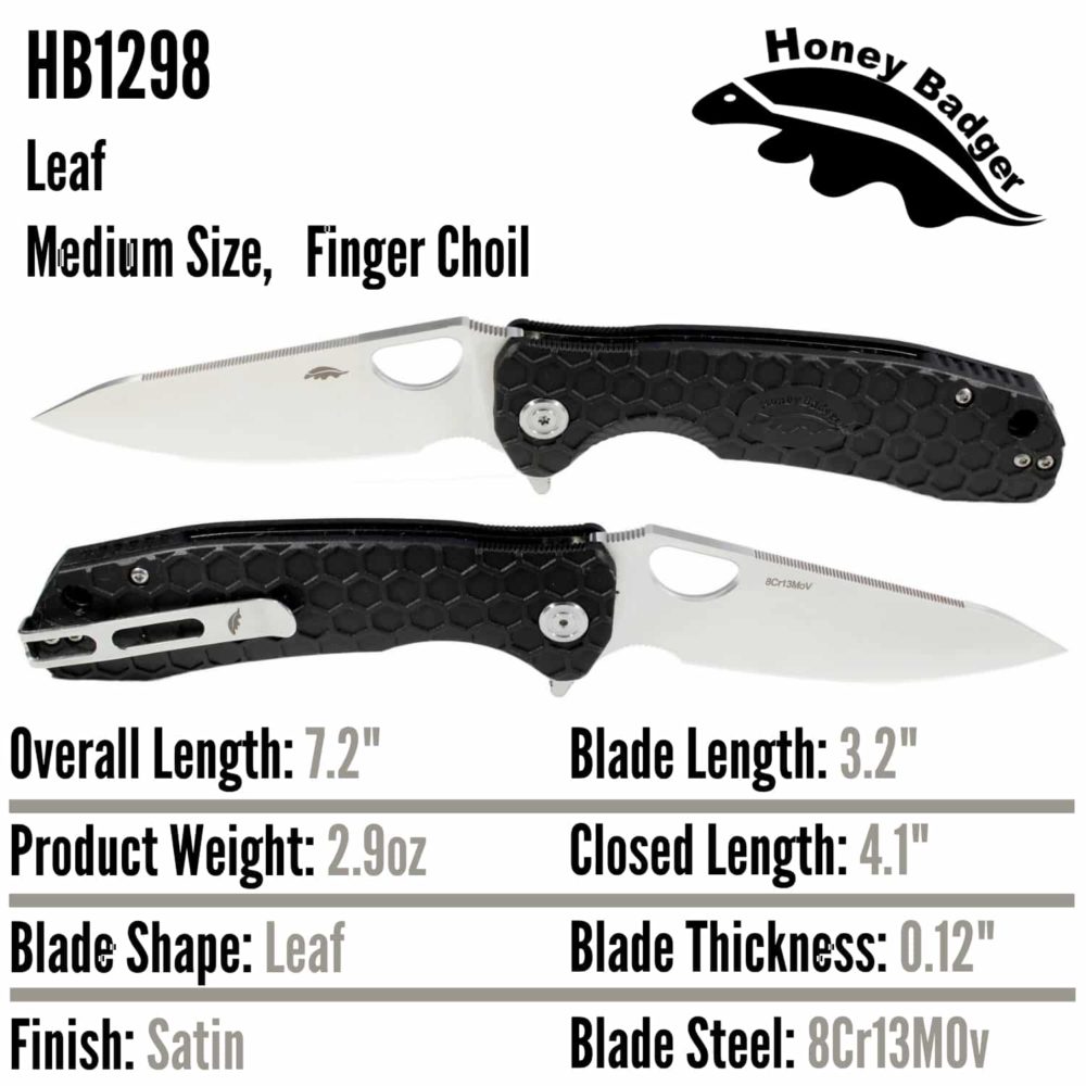 Leaf  Medium Black 8Cr13MoV (HB1298) Honey Badger Knives Pocket Knives