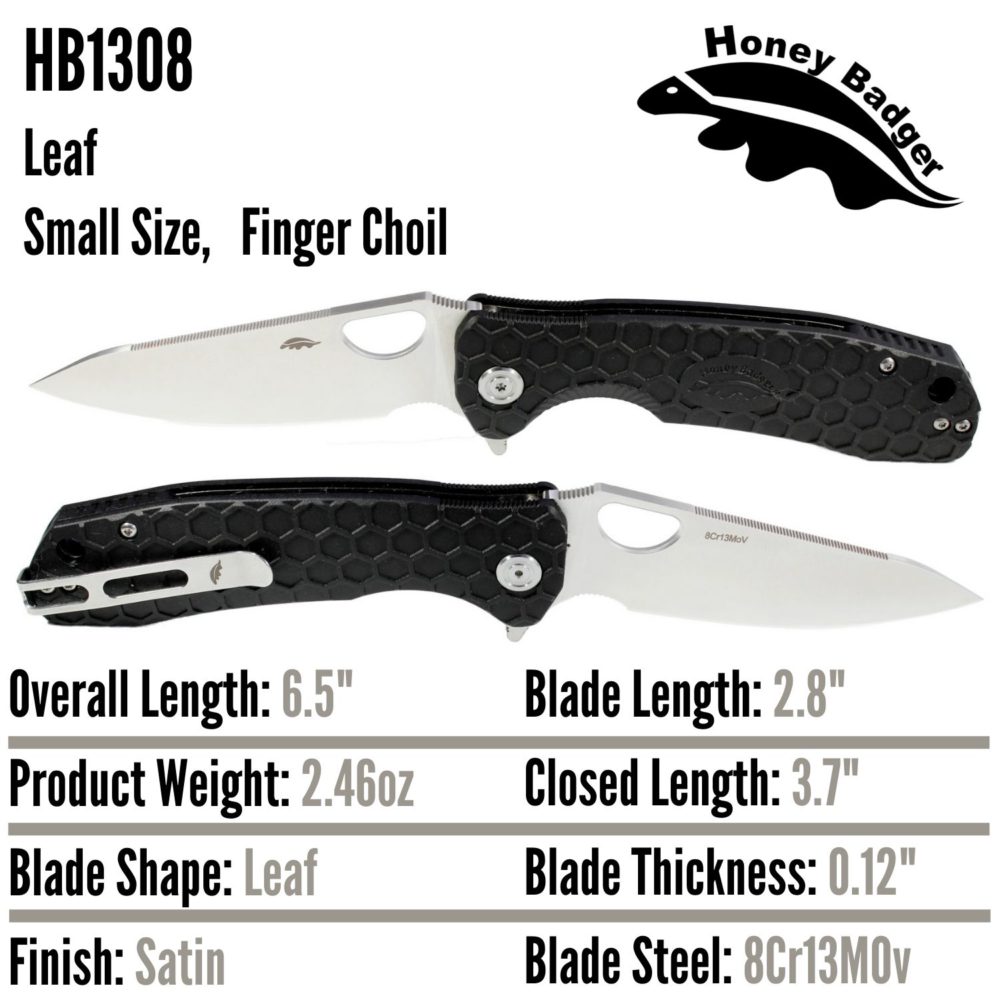 Leaf  Small Black 8Cr13MoV (HB1308) Honey Badger Knives Pocket Knives