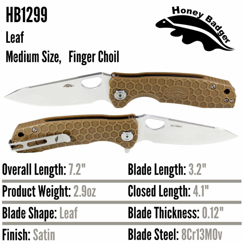 Leaf  Medium Tan 8Cr13MoV (HB1299) Honey Badger Knives Pocket Knives