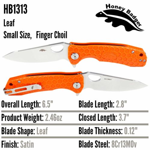 Leaf  Small Orange 8Cr13MoV (HB1313) Honey Badger Knives Pocket Knives