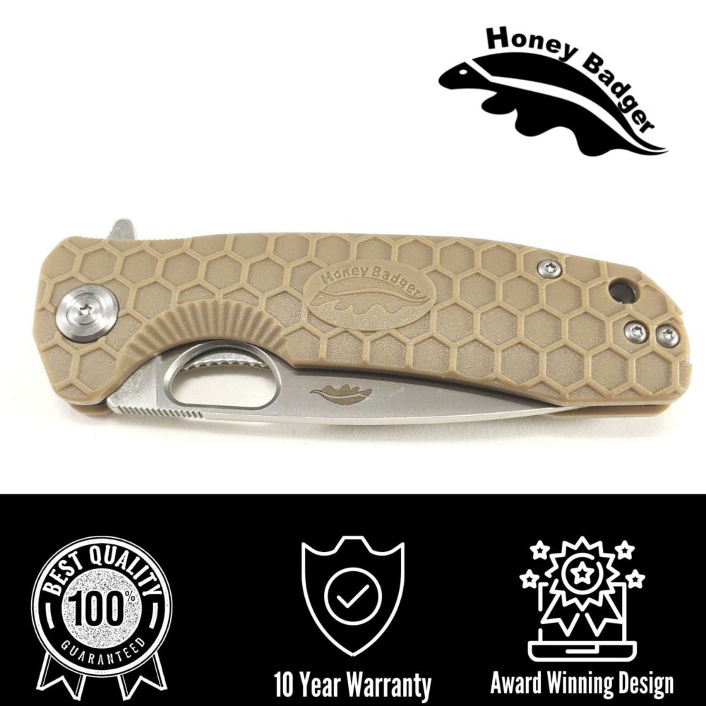 Drop Point Flipper Large Tan D2 (HB1010) Honey Badger Knives Pocket Knives