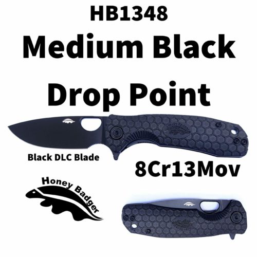 Drop Point Flipper Medium Black 8Cr13MoV – Black DLC Blade (HB1348) Honey Badger Knives Pocket Knives