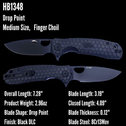 Drop Point Flipper Medium Black 8Cr13MoV – Black DLC Blade (HB1348) Honey Badger Knives Pocket Knives