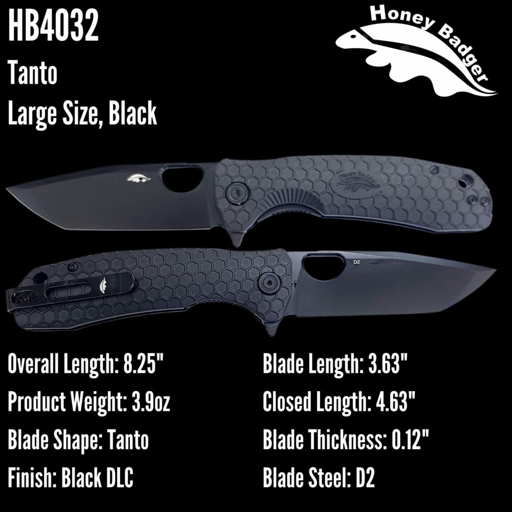 Tanto  Large Black D2 – Black DLC Blade (HB4032) Honey Badger Knives Pocket Knives