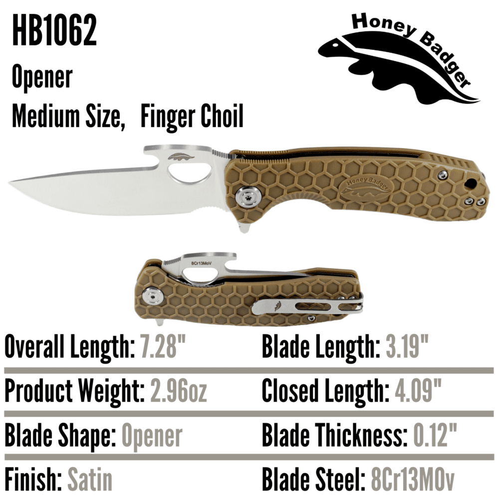 Opener Medium Tan 8Cr13MoV (HB1062) Honey Badger Knives Pocket Knives
