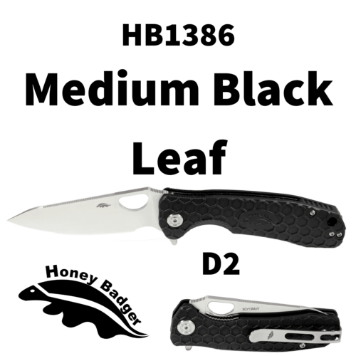 Leaf  Medium Black D2 (HB1386) Honey Badger Knives Pocket Knives
