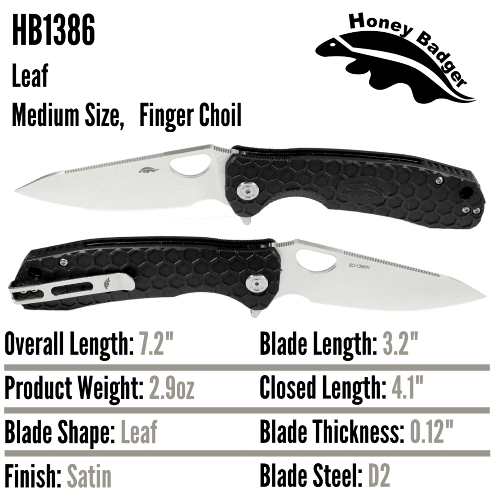 Leaf  Medium Black D2 (HB1386) Honey Badger Knives Pocket Knives